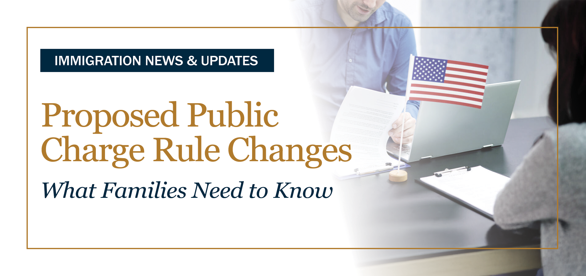 Immigration attorney working on laptop with American flag, representing public charge rule changes for green card applicants